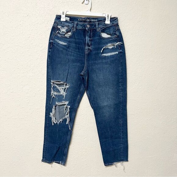 American Eagle Mom Jean Blue Denim Size 8 Regular Jeans Distressed - Picture 1 of 7